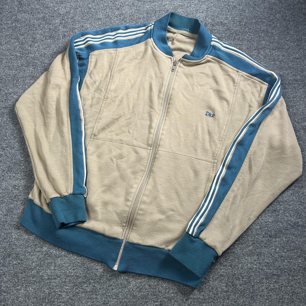 Dior Jacket Mens Large Beige Blue Stripe Track Full Zip Lightweight Knit